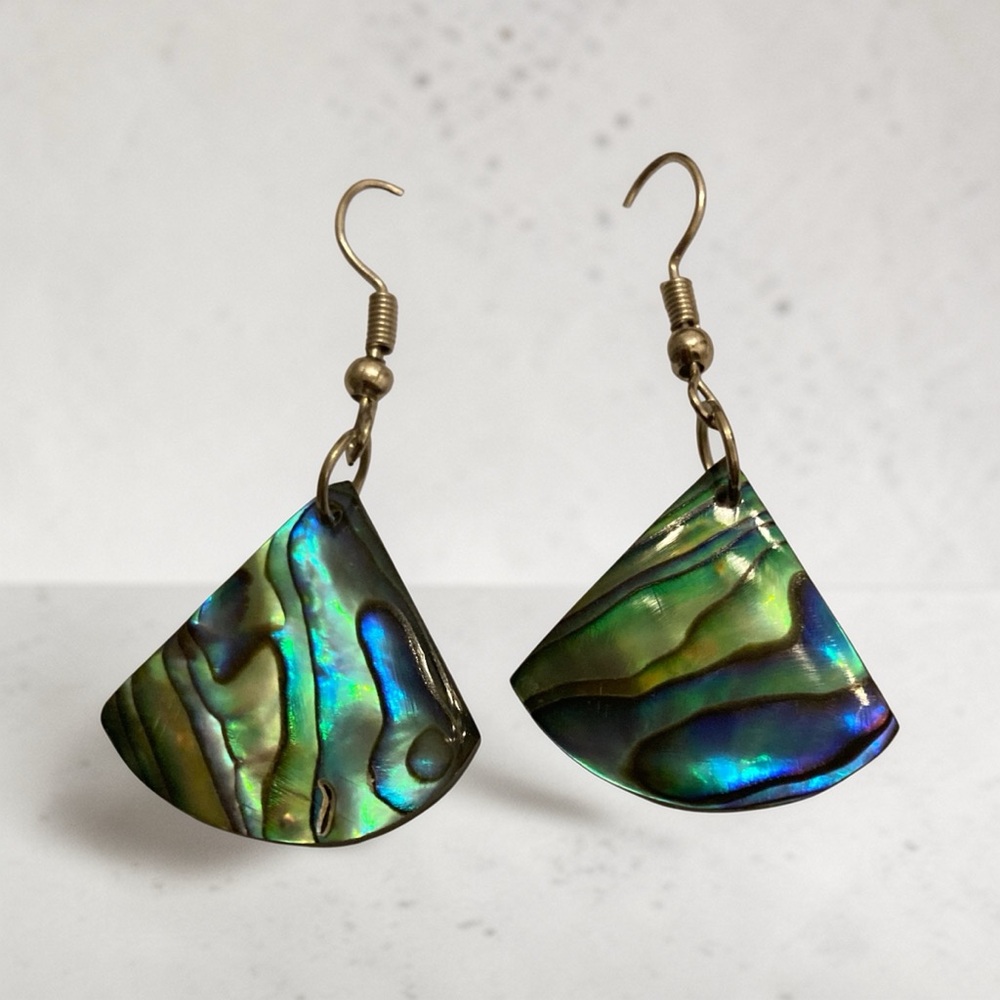Iridescent Abalone Fan Drop Earrings - Green Blue